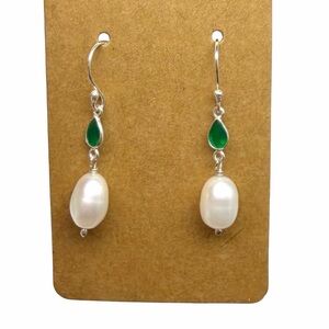 Freshwater Pearl Green Onyx Earrings Solid 925 Sterling Silver Dangle Drop